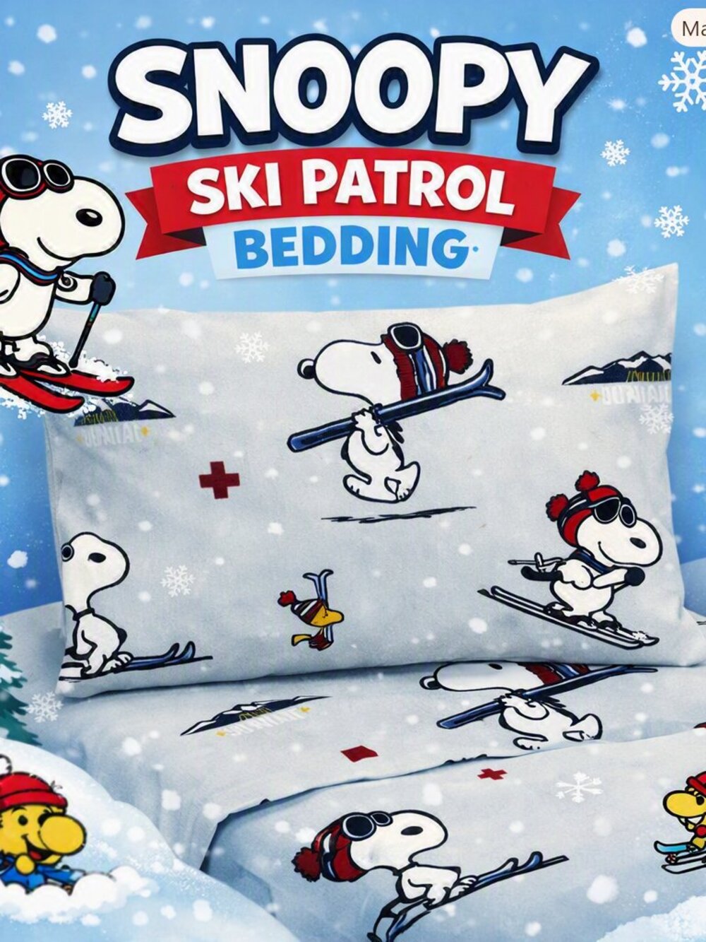Peanuts Snoopy and Woodstock Winter Theme Ski Print Twin Sheet Set
